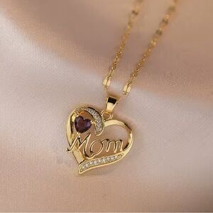 18K Gold Mom Heart Purple Sapphire & Pave Diamond Inlay Pendant Necklace Mother